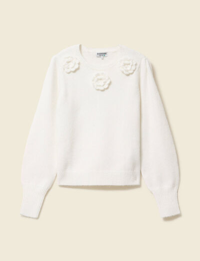 Pull manches longues col rond ecru femme
