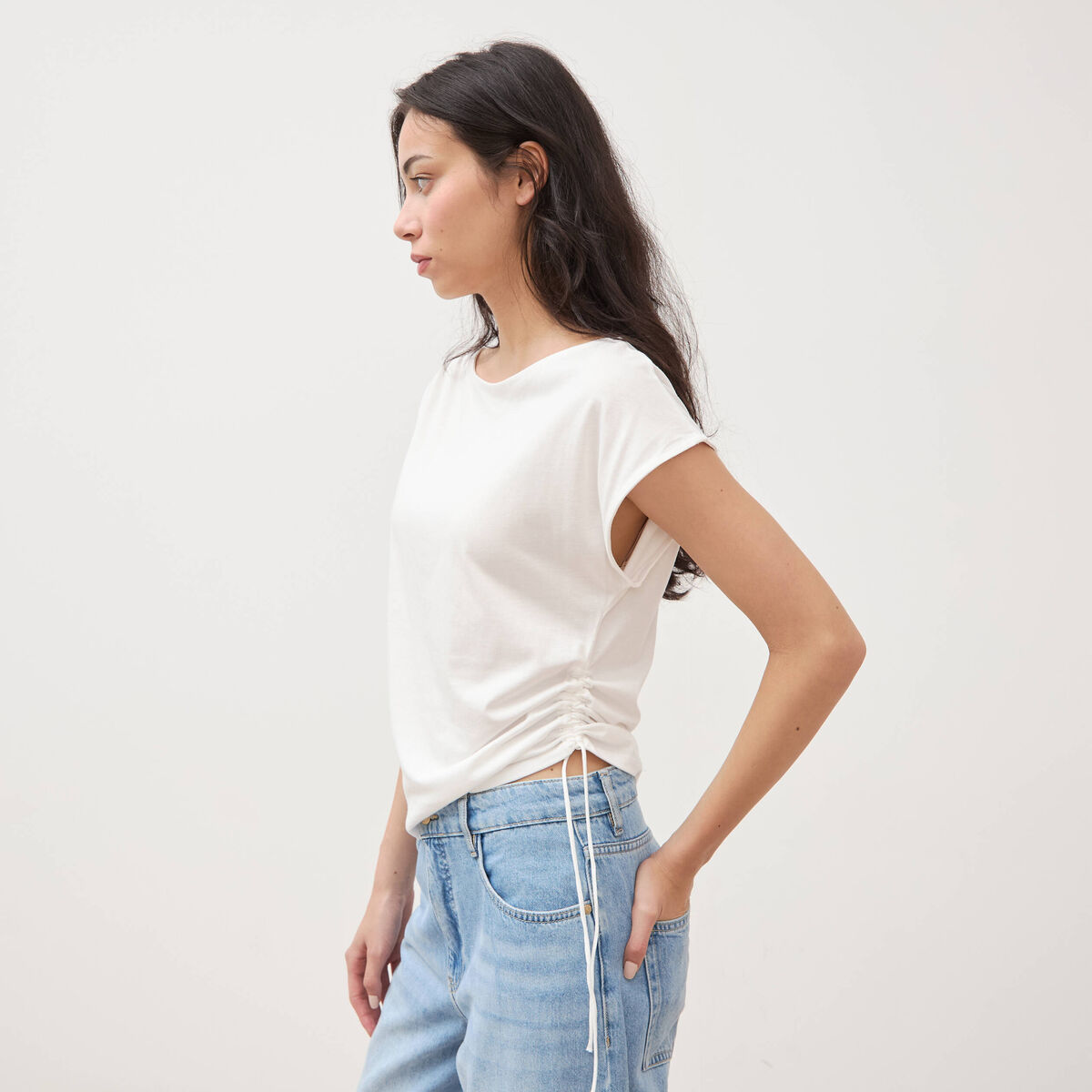T-shirt col bateau manches courtes ecru femme