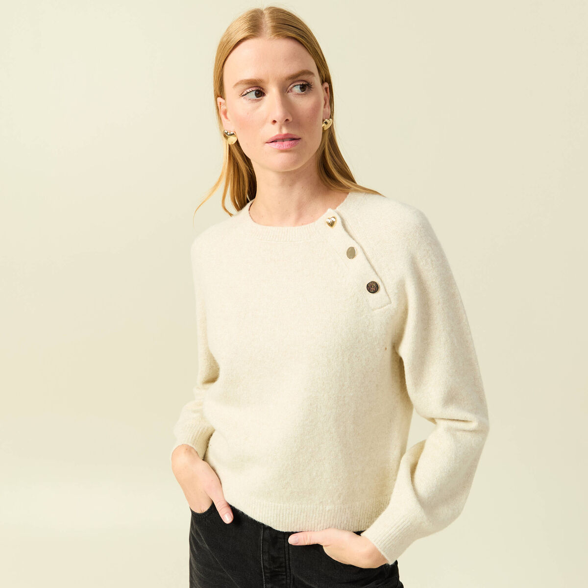 Pull manches longues col rond jaune femme