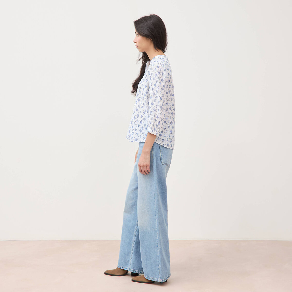 Chemise &agrave; manches longues bleu femme
