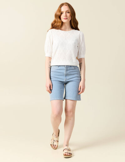 Pull manches courtes ajouré ecru femme
