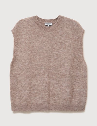 Pull droit court sans manches col rond marron clair femme