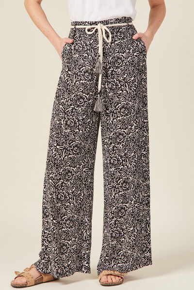 Pantalon large fluide ceinturé noir femme