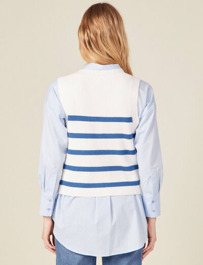 Pull droit court sans manches col v ecru femme