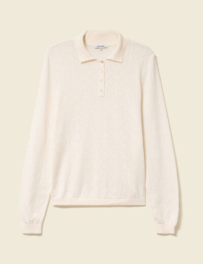 Pull ajouré manches longues en coton ecru femme