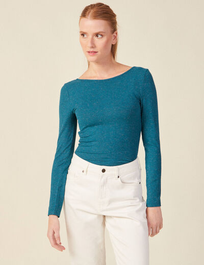 T-shirt manches longues brillant bleu canard femme