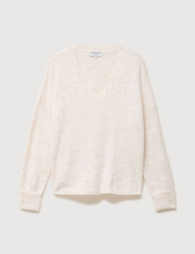 Pull droit col v manches longues creme femme