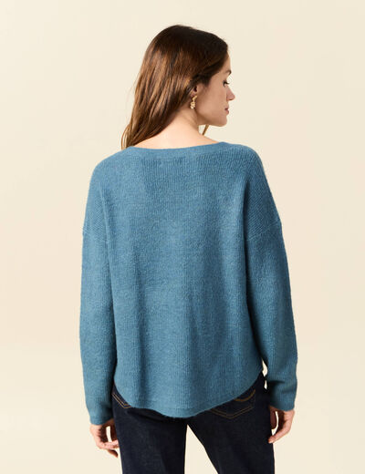 Pull manches longues col en V bleu gris femme