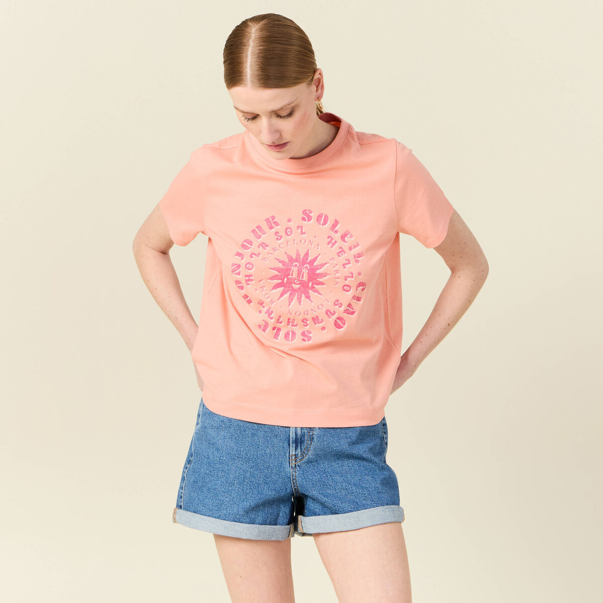 T-shirt en coton manches courtes rose corail femme