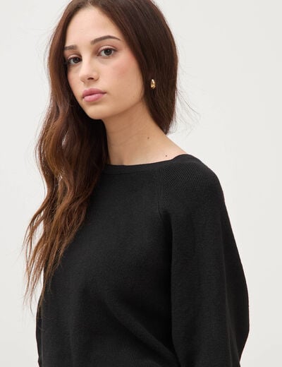 Pull droit col bateau manches longues noir femme