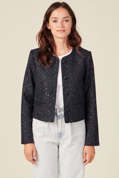 Veste droite à sequins bleu marine femme
