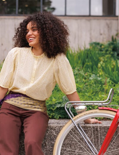 Chemise en coton manches coude jaune clair femme