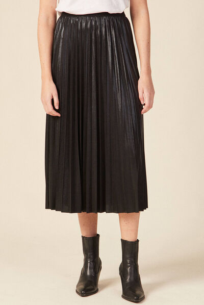 Jupe midi évasée plissée noir femme