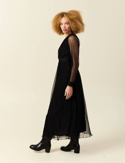 Robe manches longues en voile doubl&eacute;e noir femme