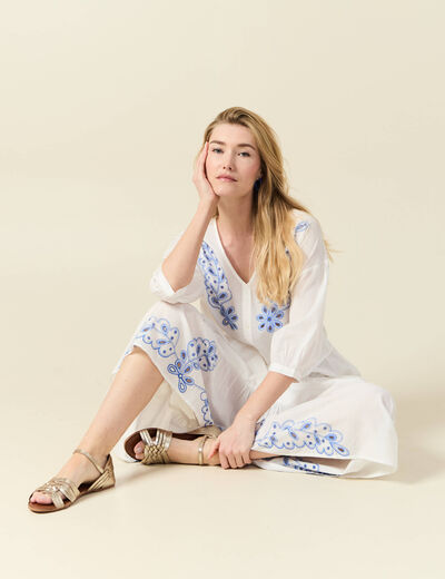 Jupe longue évasée brodée ecru femme
