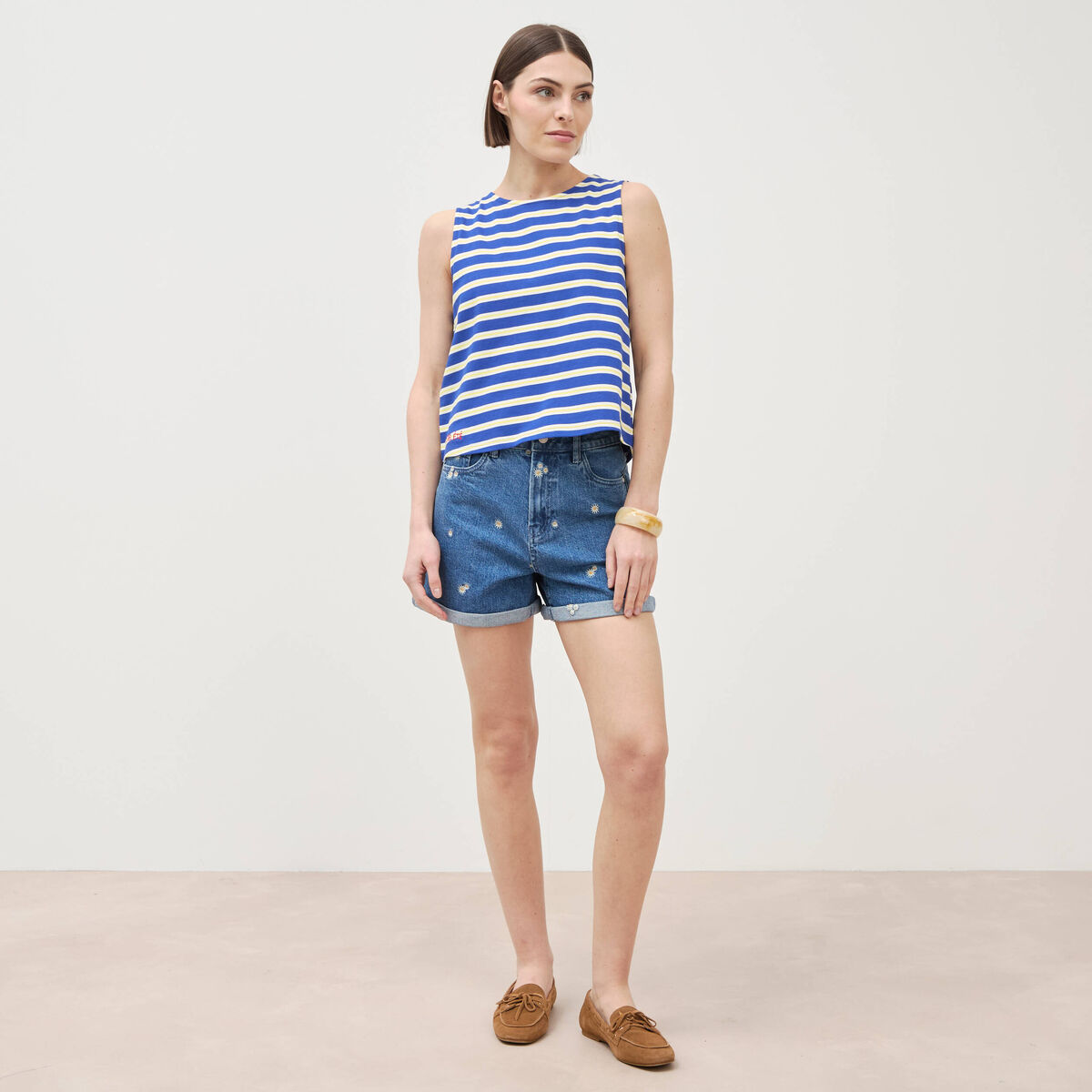 D&eacute;bardeur ray&eacute; col rond en coton bleu femme