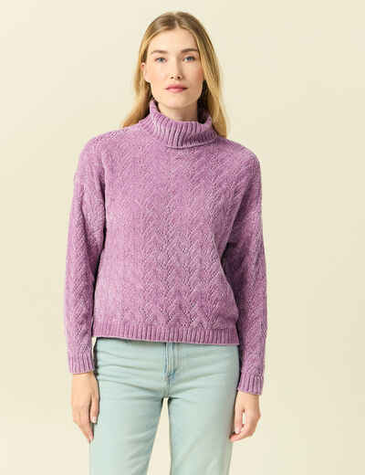 Pull col roul&eacute; manches longues mauve femme
