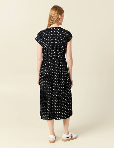Robe midi évasée plissée satin noir femme
