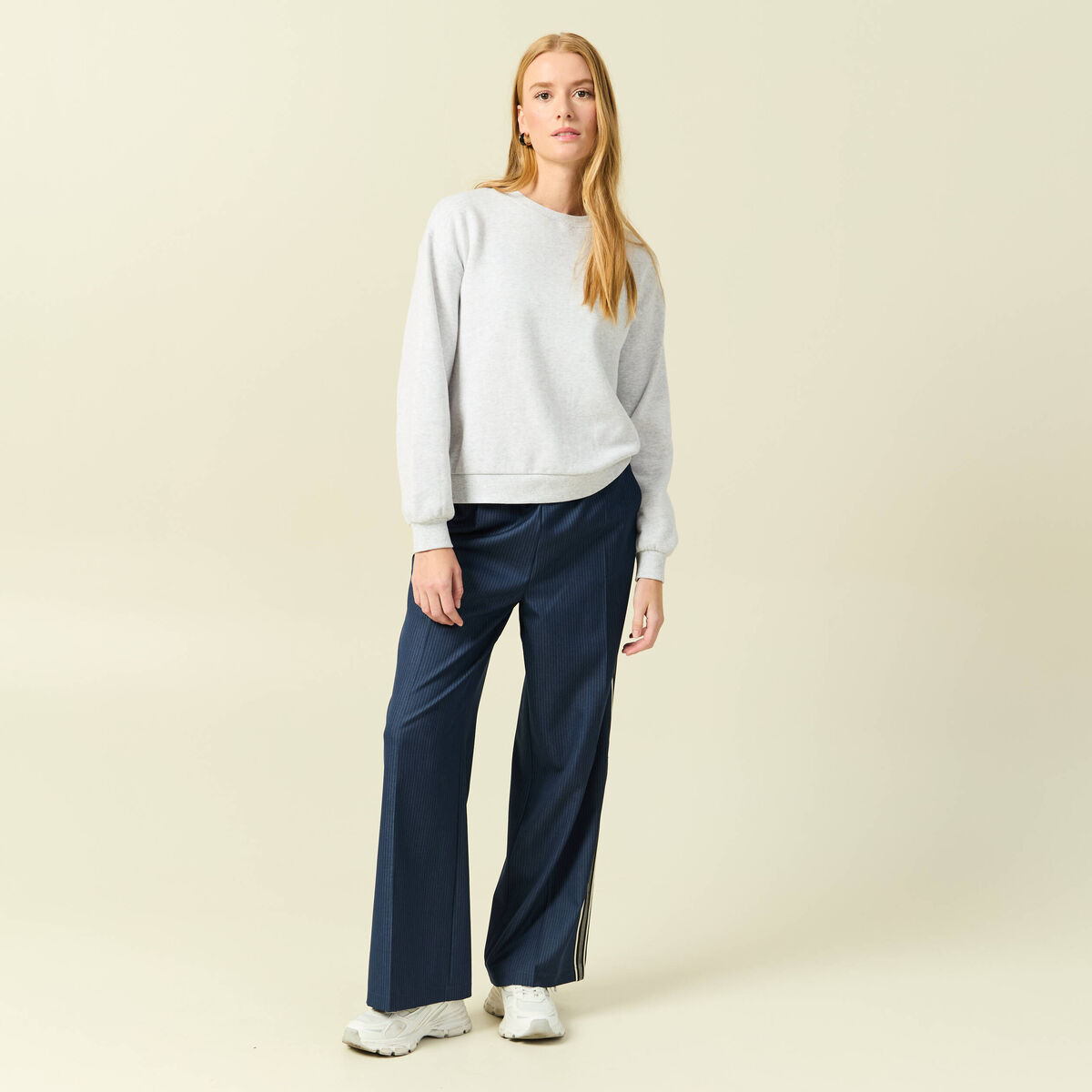 Pantalon large taille haute ray&eacute; bleu marine femme