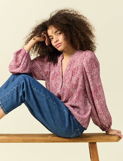 Blouse manches longues col V rose femme