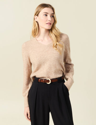 Pull manches longues col en V creme femme