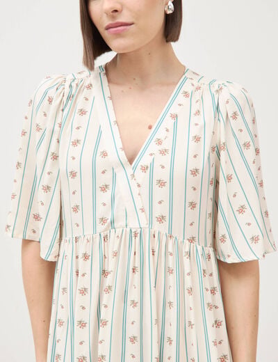 Robe fluide col v manches courtes bleu gris femme