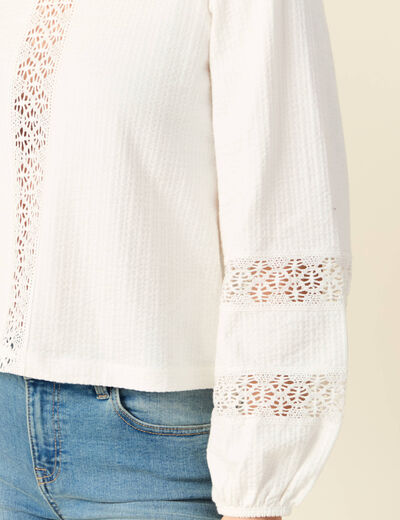 Blouse droite courte manches longues ecru femme