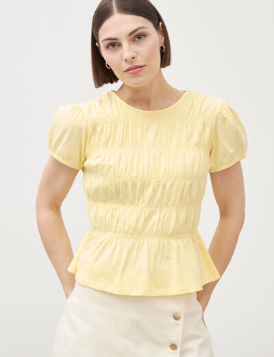 T-shirt fronc&eacute; col rond manches courtes jaune pastel femme