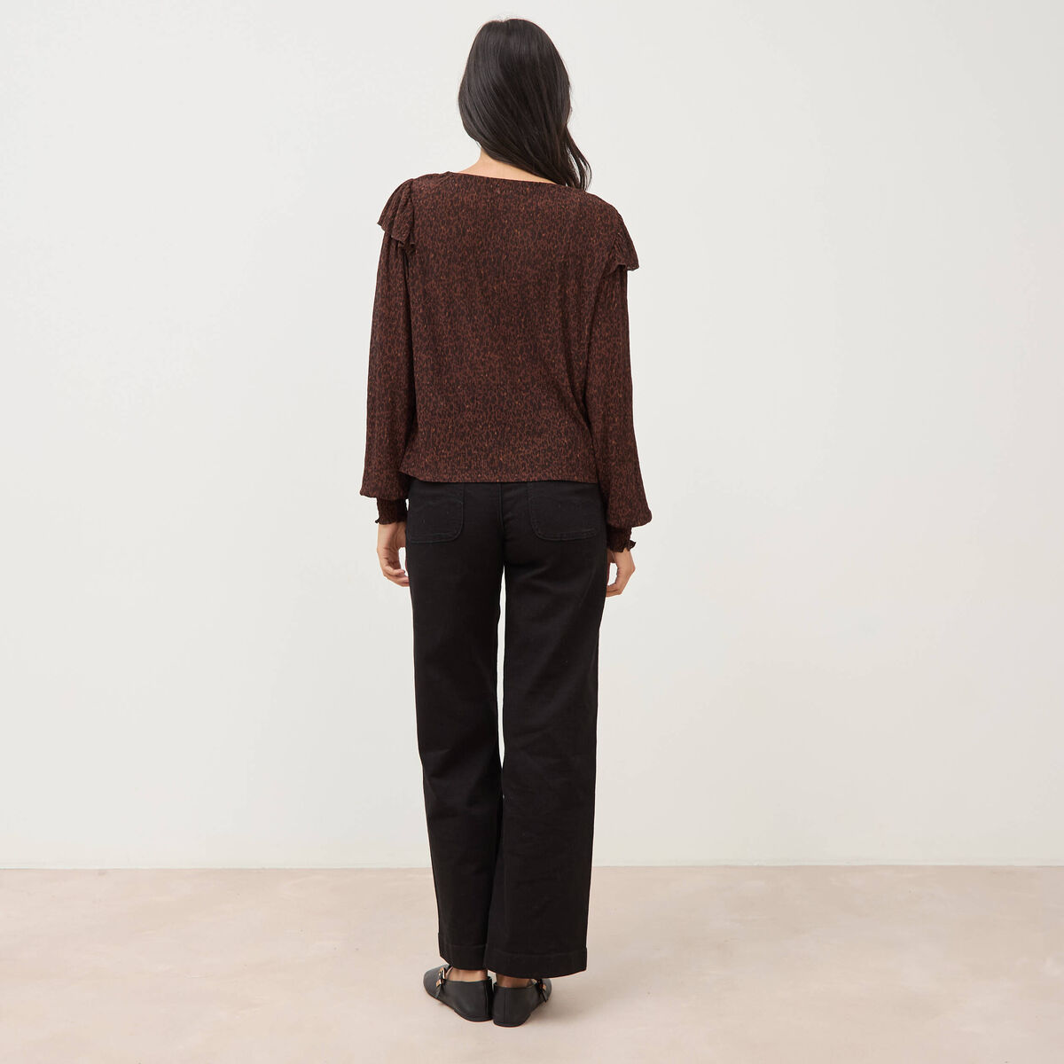 Blouse droite manches longues col rond marron chocolat femme