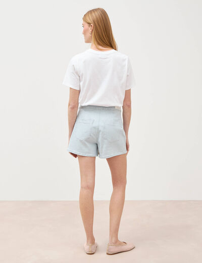 Jupe-short taille haute en jeans denim bleach femme