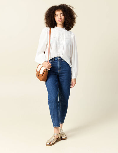 Chemise manches longues brod&eacute;e ecru femme