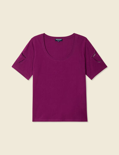 T-shirt manches courtes brodé violet femme