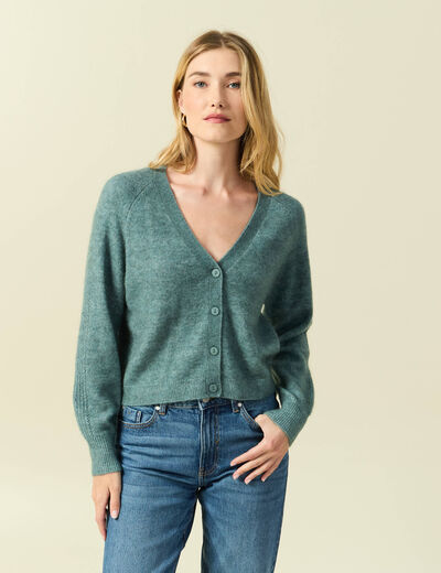 Gilet ajour&eacute; col V manches longues vert femme