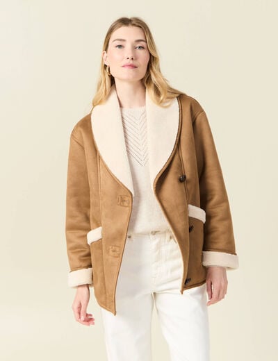 Manteau suédine col châle marron femme