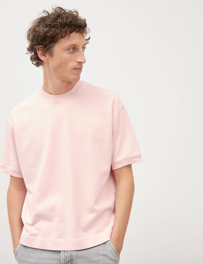 Sweat ample col rond manches courtes rose poudr&eacute;e homme