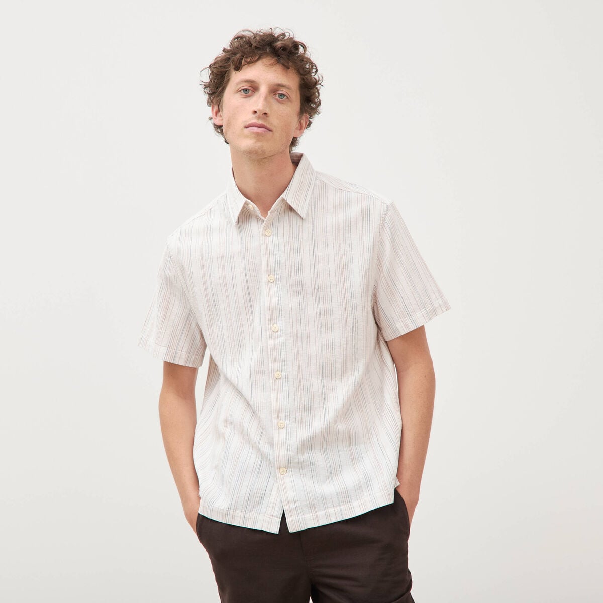 Col en maille coton manches courtes ecru homme