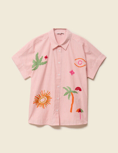 Chemise ample en coton &agrave; broderie orange abricot femme