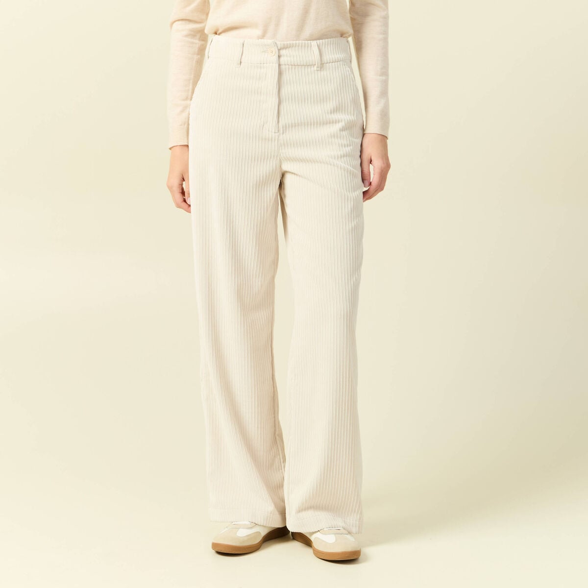 Pantalon large taille haute en velours creme femme