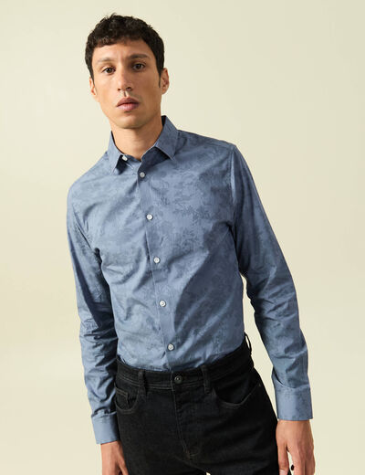 Chemise cintr&eacute;e en coton manches longues bleu homme