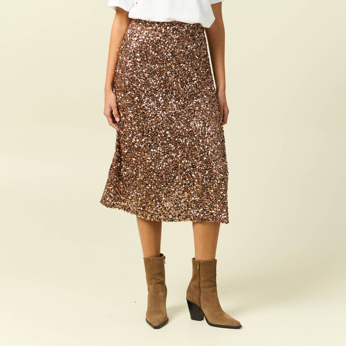 Jupe &agrave; sequins doubl&eacute;e vieux rose femme