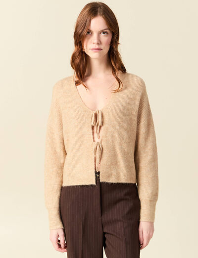 Gilet col V manches longues n&oelig;uds beige femme