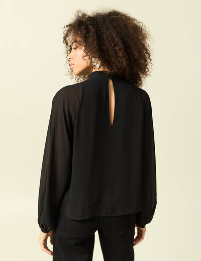 Blouse oversize col montant doubl&eacute;e noir femme