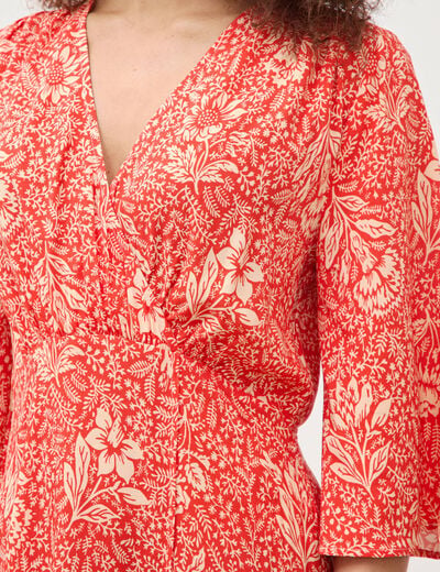 Robe col v manches longues rouge corail femme