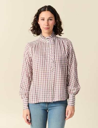Chemise manches longues col montant marron cognac femme