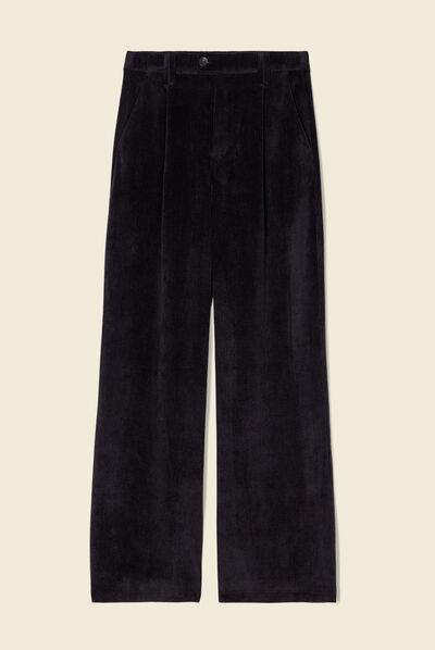 Pantalon large velours pinces noir femme
