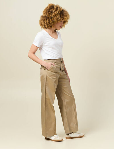 Pantalon large taille haute beige femme