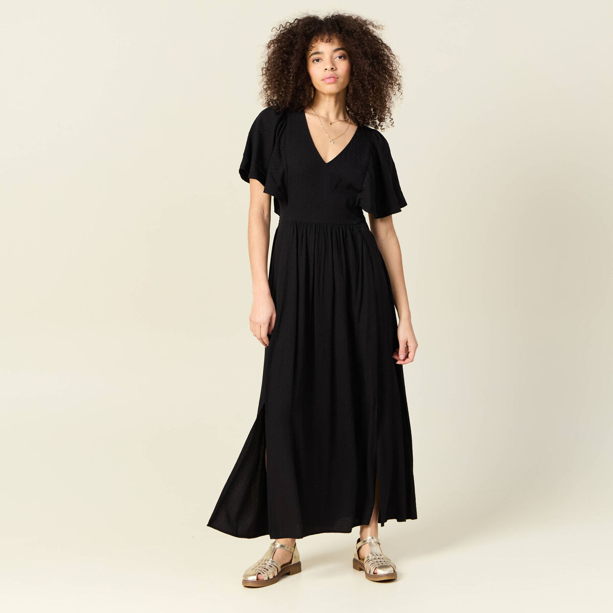 Robe longue évasée fluide noir femme