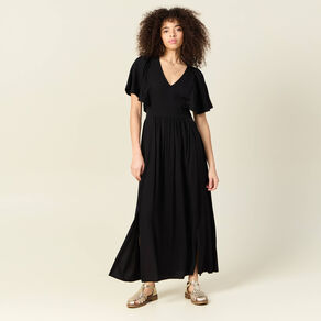 Robe longue évasée fluide noir femme