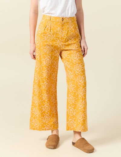 Pantalon large brodé jaune femme