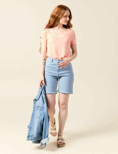 T-shirt col v en lin manches courtes rose saumon femme